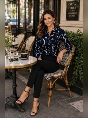 Chico's Blue Black Abstract Blouse Modern Career Office Top 0/6